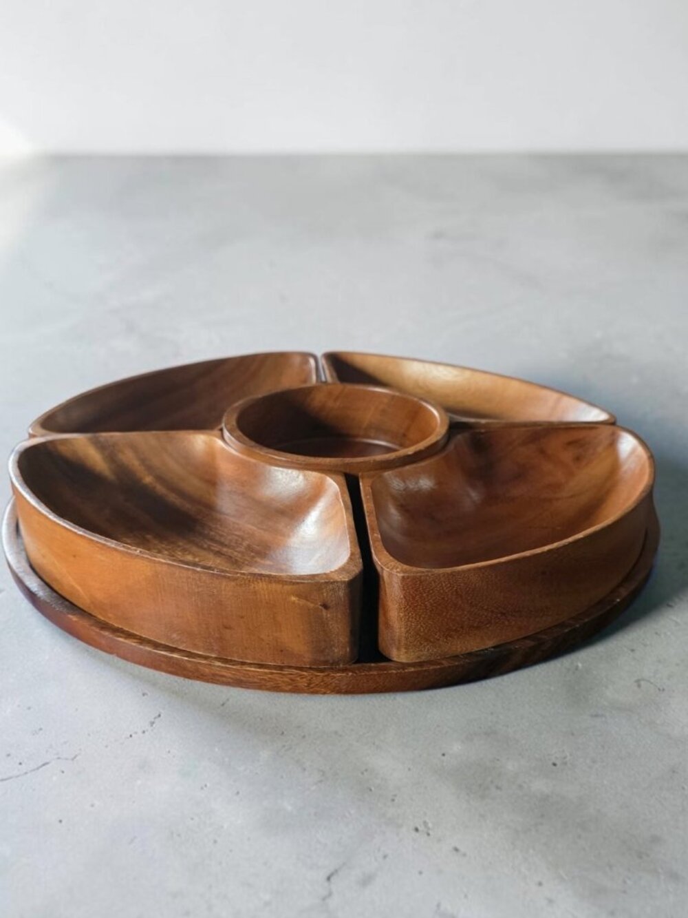 EUC VINTAGE MCM ACACIA Wood Hand Crafted 6PC Spinning Lazy Susan 13.5"